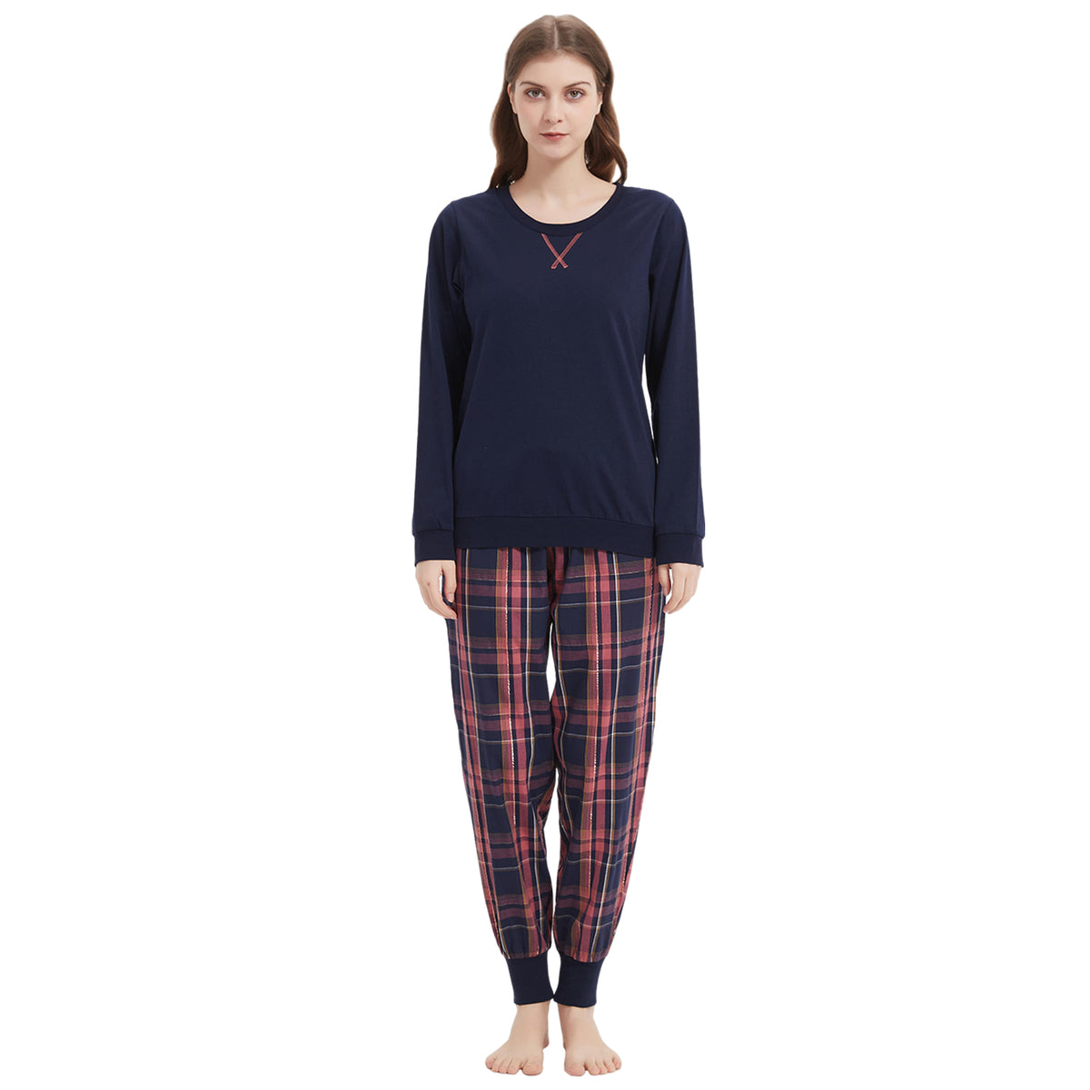 Lightweight Plaid Women's Pajama Set Joggers Pure Cotton