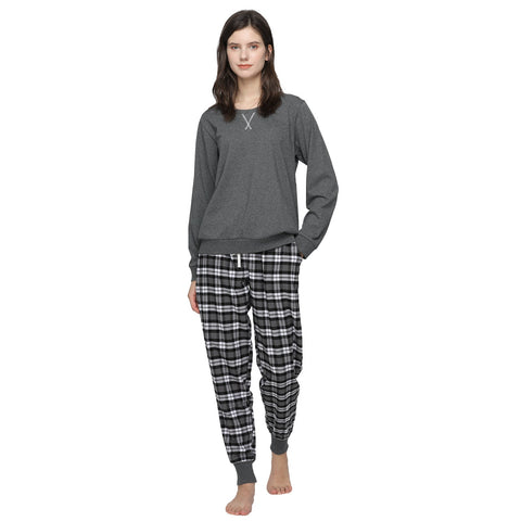 Mnemo's Women's 100% Cotton Pajama Set Gray Plaid Sleepwear