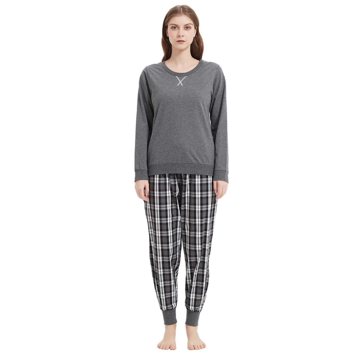 Lightweight Plaid Women's Pajama Set Joggers Pure Cotton