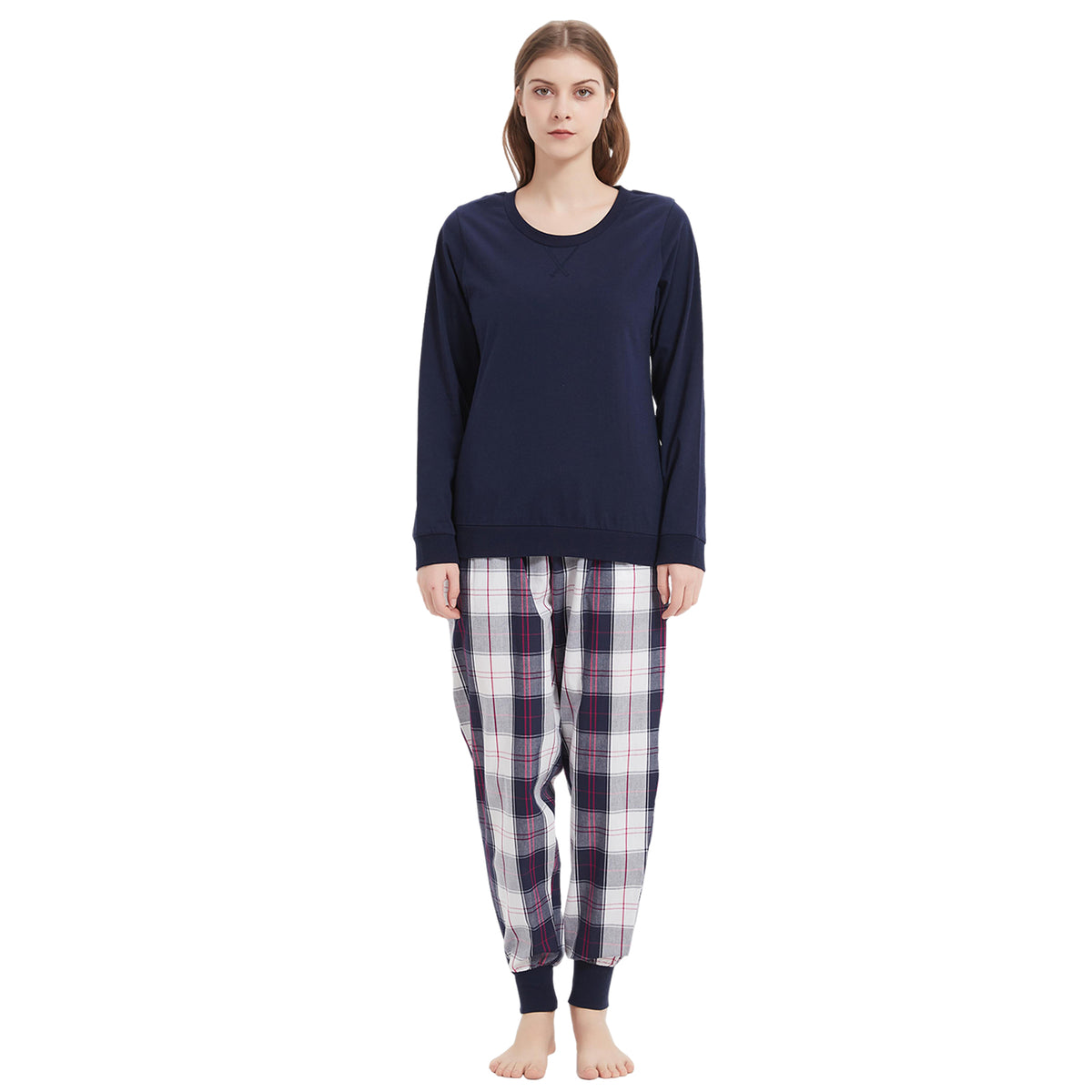 Lightweight Plaid Women's Pajama Set Joggers Pure Cotton