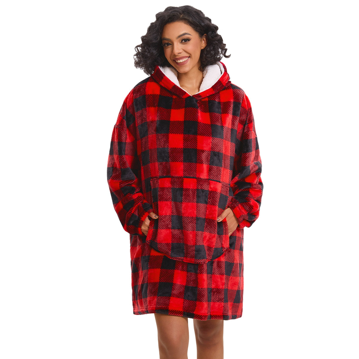 Mnamo Oversized Plaid Fleece Hoodie Blanket - Adults