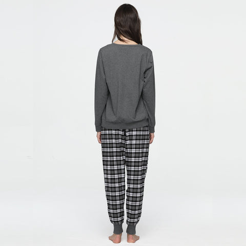 Mnemo's Women's 100% Cotton Pajama Set Gray Plaid Sleepwear