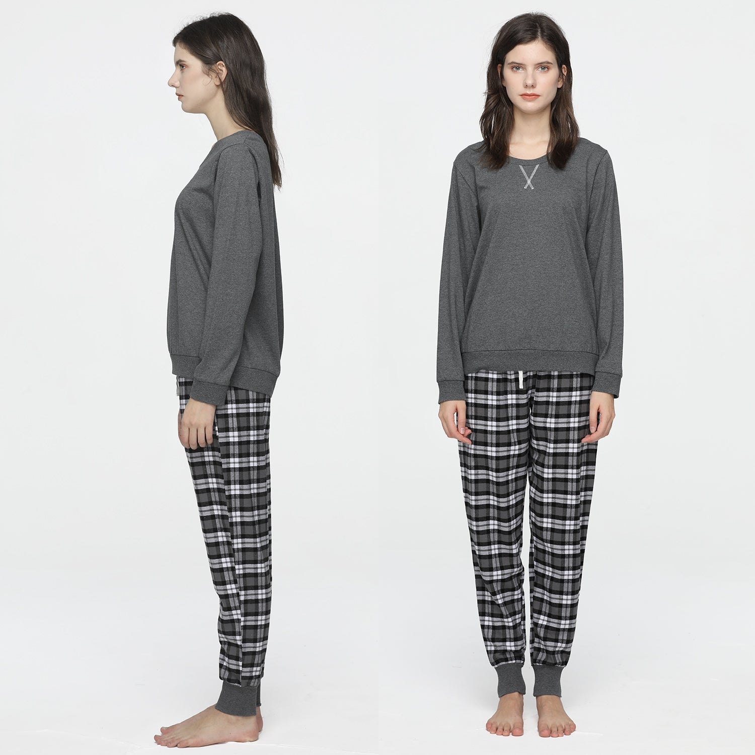 Mnemo's Women's 100% Cotton Pajama Set Gray Plaid Sleepwear