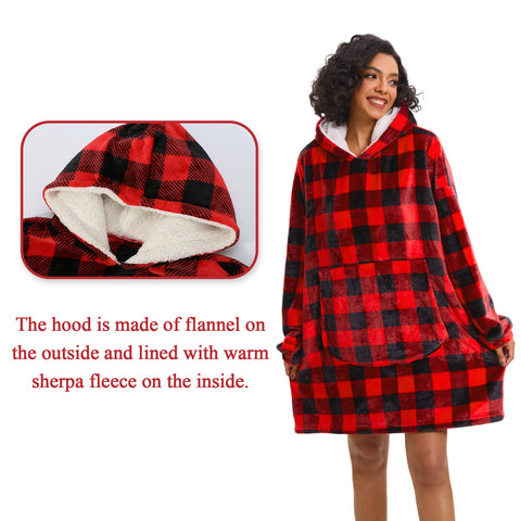 Mnamo Oversized Plaid Fleece Hoodie Blanket - Adults