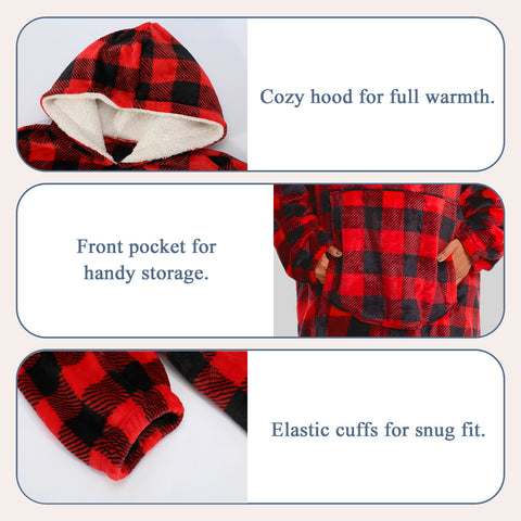 Mnamo Oversized Plaid Fleece Hoodie Blanket - Adults