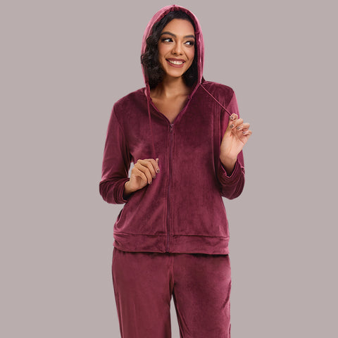 Mnamo Velvet Hoodie Tracksuit - Cuffed Sleeves and Jogger Pants with Pockets