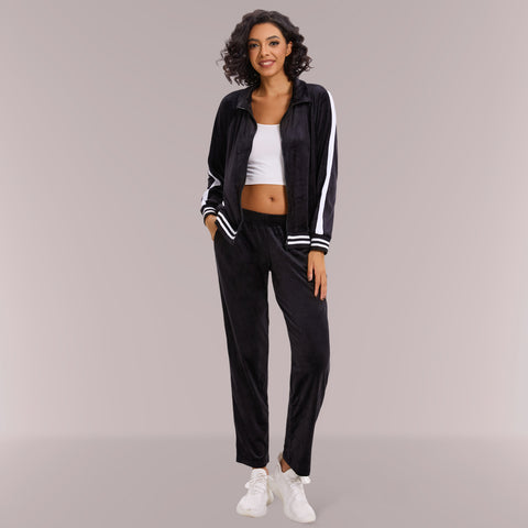 Mnamo Velvet Tracksuit with Striped Trim - Zip-Up Jacket and Straight-Leg Pants