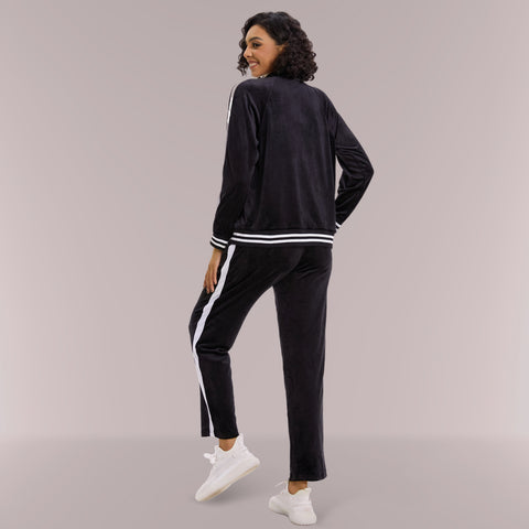 Mnamo Velvet Tracksuit with Striped Trim - Zip-Up Jacket and Straight-Leg Pants