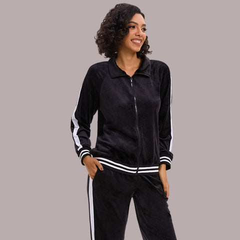 Mnamo Velvet Tracksuit with Striped Trim - Zip-Up Jacket and Straight-Leg Pants