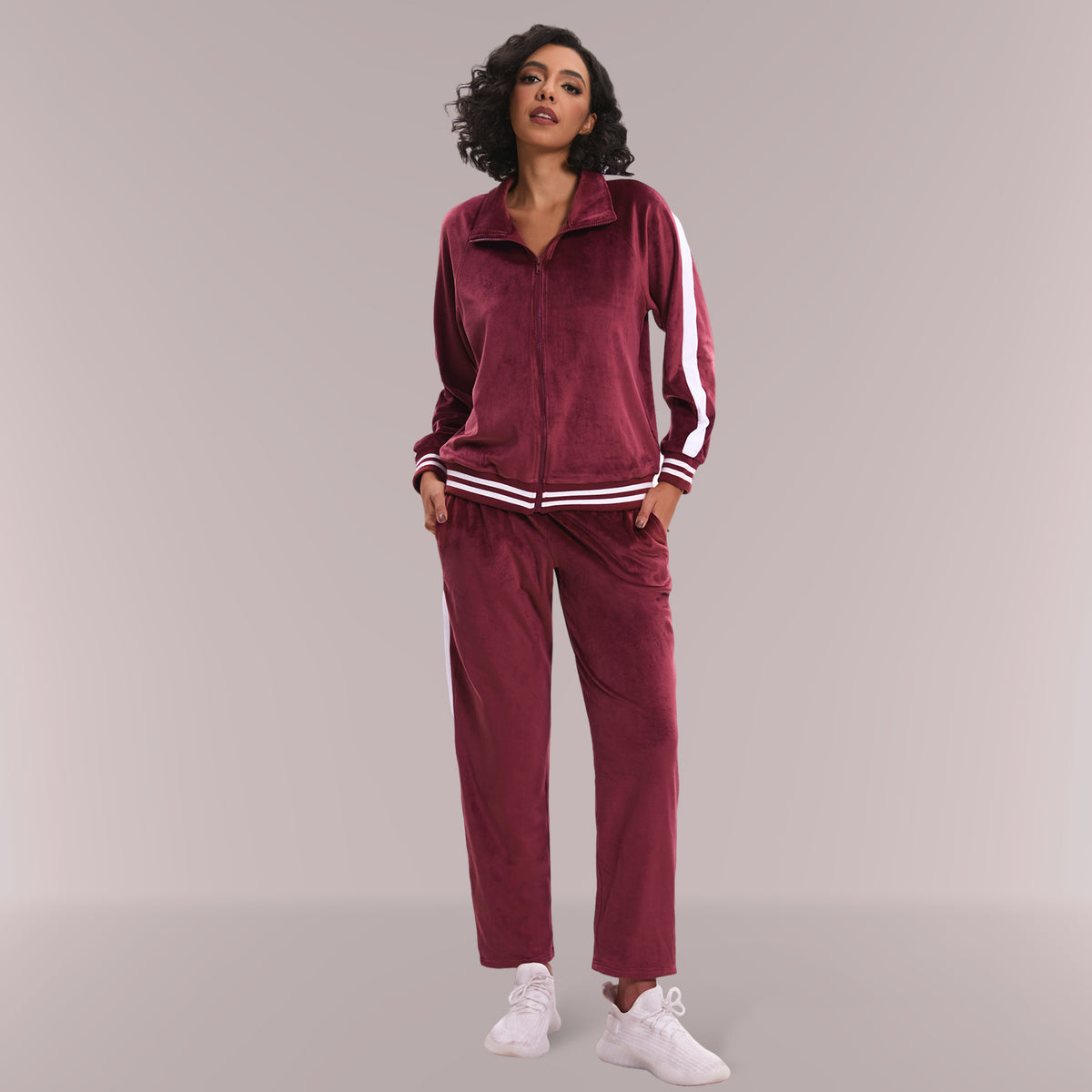 Mnamo Velvet Tracksuit with Striped Trim - Zip-Up Jacket and Straight-Leg Pants