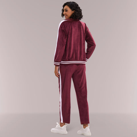 Mnamo Velvet Tracksuit with Striped Trim - Zip-Up Jacket and Straight-Leg Pants