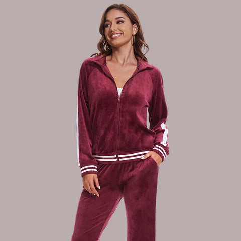 Mnamo Velvet Tracksuit with Striped Trim - Zip-Up Jacket and Straight-Leg Pants