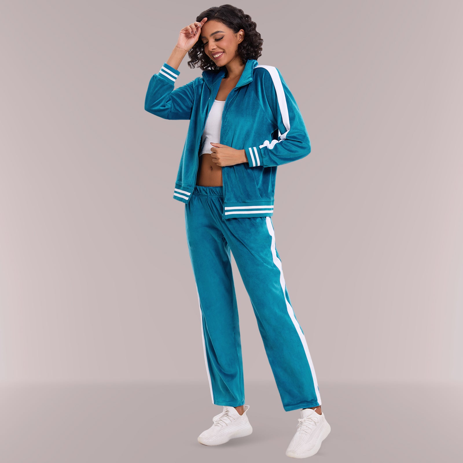 Mnamo Velvet Tracksuit with Striped Trim - Zip-Up Jacket and Straight-Leg Pants