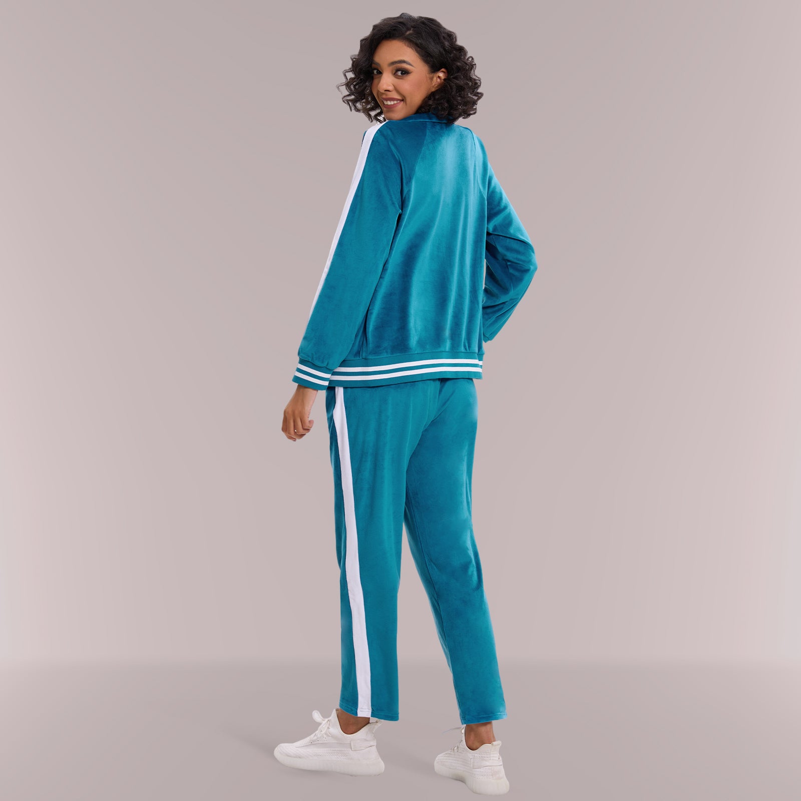 Mnamo Velvet Tracksuit with Striped Trim - Zip-Up Jacket and Straight-Leg Pants