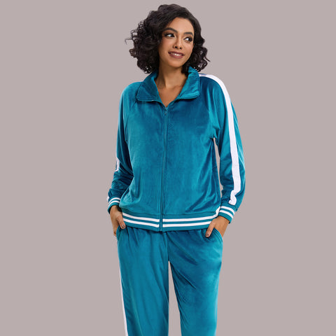 Mnamo Velvet Tracksuit with Striped Trim - Zip-Up Jacket and Straight-Leg Pants