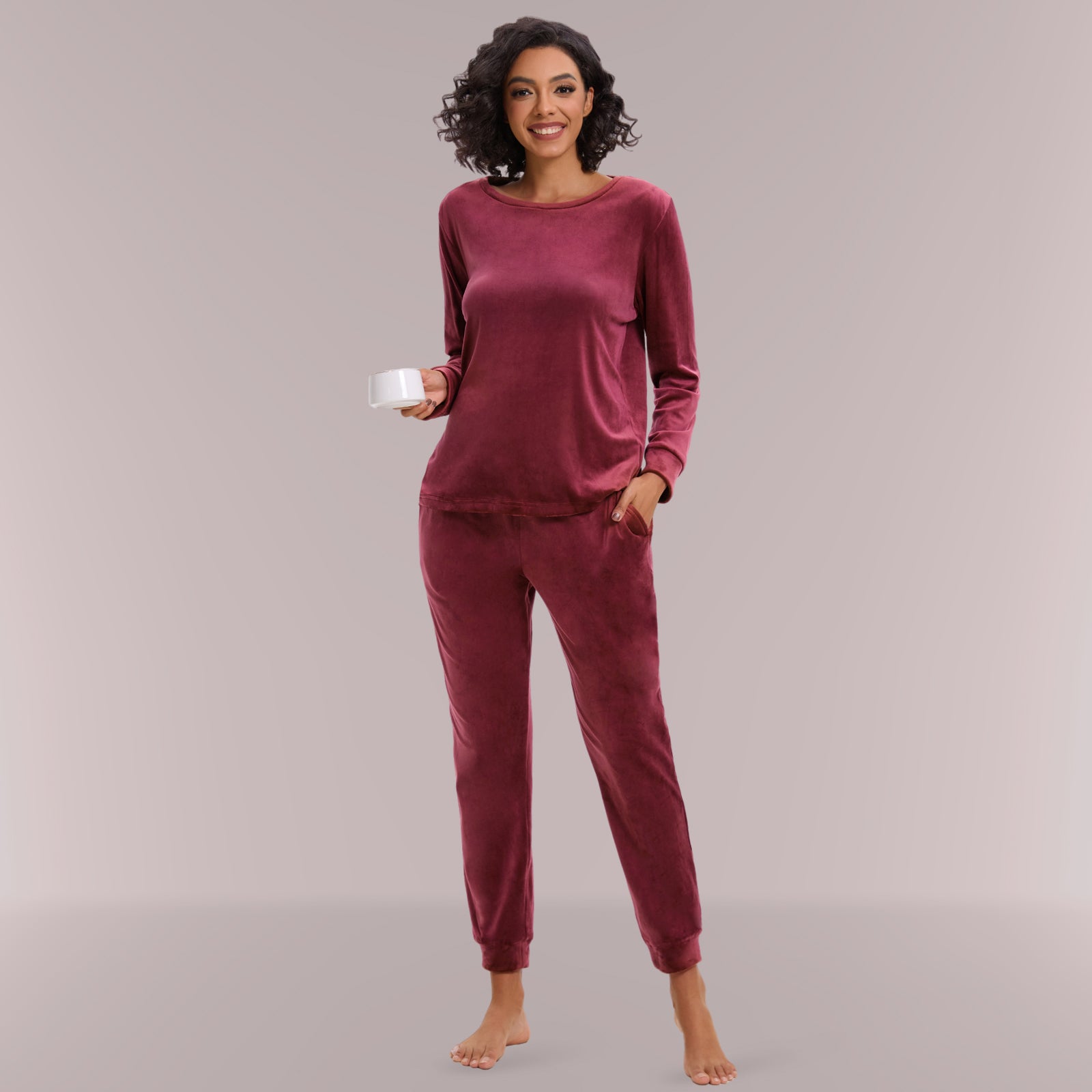 Mnamo Velvet Lounge Set - Crew Neck Top and Cuffed Jogger Pants