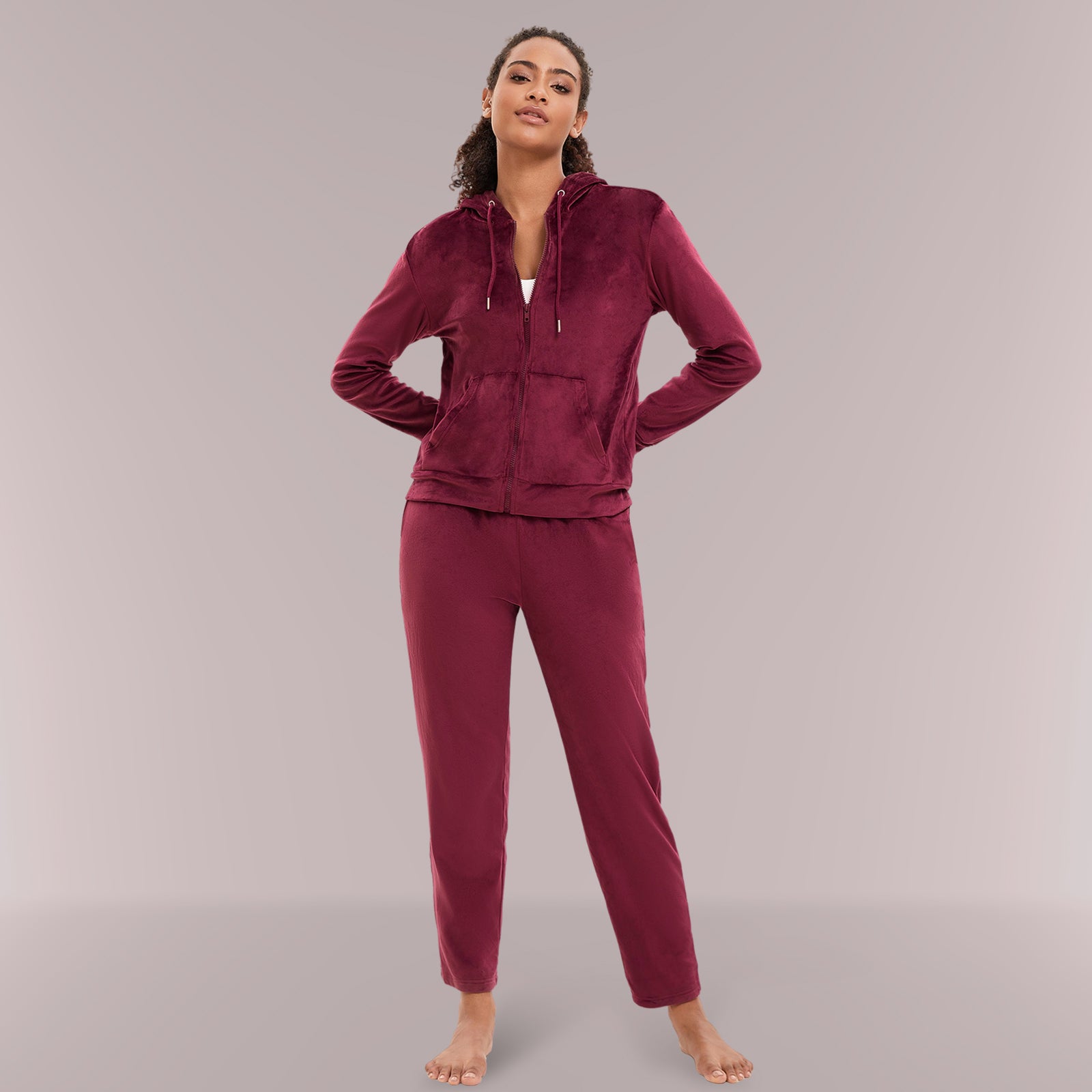 Mnamo Velvet Hoodie Tracksuit - Zip-Up, Straight Leg, Relaxed Fit