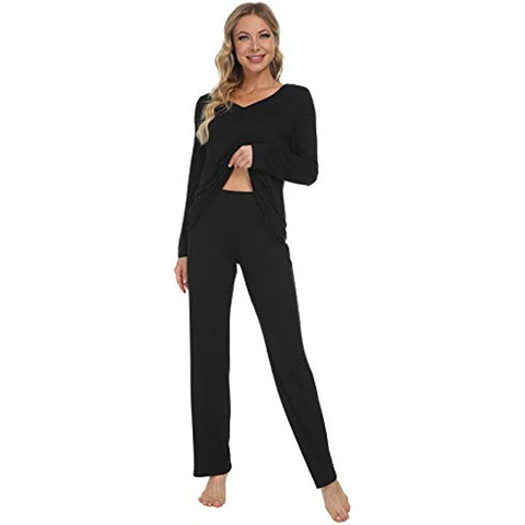 DE Damen Pyjama Set mit Spitze Lange Ärmel Nachtwäsche Streifen Tops und Unterteil Damen Loungewear