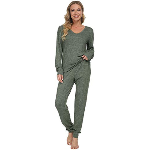 DE Mnemo Schlafanzug Damen Langarm Pyjama Damen Weich mit V-Ausschnitt Homewear Damen Set Lounge Wear Women Set