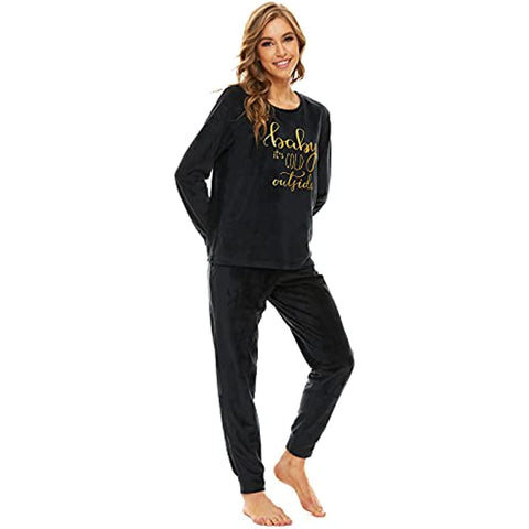 DE Mnemo Fleece Schlafanzug Damen Lang Frottee Schlafanzug Damen Winter Rundhals Pyjama Damen Flauschig