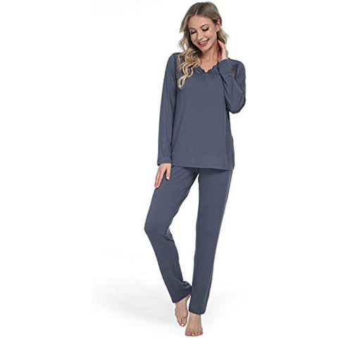 DE Mnemo Schlafanzug für Damen Weich Gestricktes Pyjama Set mit V-Ausschnitt und Exquisitem Gewelltem Saum 2 Stück Slim Fit Frauen Gemütliche Nachtwäsche