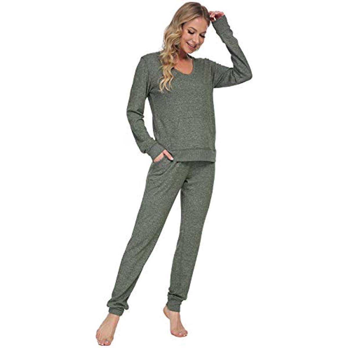 DE Mnemo Schlafanzug Damen Langarm Pyjama Damen Weich mit V-Ausschnitt Homewear Damen Set Lounge Wear Women Set