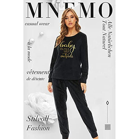 DE Mnemo Fleece Schlafanzug Damen Lang Frottee Schlafanzug Damen Winter Rundhals Pyjama Damen Flauschig