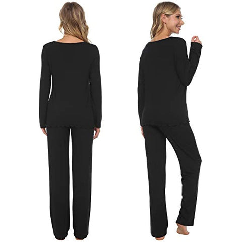 DE Damen Pyjama Set mit Spitze Lange Ärmel Nachtwäsche Streifen Tops und Unterteil Damen Loungewear