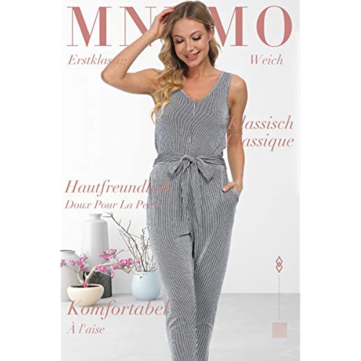 DE Mnemo Damen Jumpsuit Ärmelloser Strampler mit Rundem Hals Sommeranzug Elegante, Schlanke, Lockere Hose Lässiger Spielanzug mit Gürtel