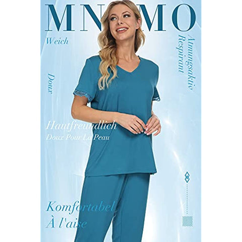 DE Mnemo Schlafanzug Damen Kurzarm Pyjama Capri mit V-Ausschnitt und Caprihose 2 Stück Weiche Nachtwäsche Loungewear mit Spitzendekoration