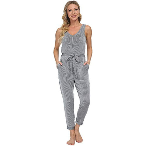 DE Mnemo Damen Jumpsuit Ärmelloser Strampler mit Rundem Hals Sommeranzug Elegante, Schlanke, Lockere Hose Lässiger Spielanzug mit Gürtel