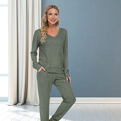 DE Mnemo Schlafanzug Damen Langarm Pyjama Damen Weich mit V-Ausschnitt Homewear Damen Set Lounge Wear Women Set