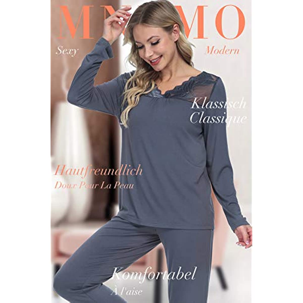 DE Mnemo Schlafanzug für Damen Weich Gestricktes Pyjama Set mit V-Ausschnitt und Exquisitem Gewelltem Saum 2 Stück Slim Fit Frauen Gemütliche Nachtwäsche