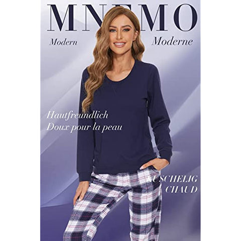 DE Mnemo Schlafanzug Damen 100% Baumwolle Bequemer Pyjama Damen Baumwolle mit Karomuster