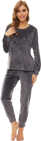 DE Mnemo Fleece Schlafanzug Damen Lang Frottee Schlafanzug Damen Winter Rundhals Pyjama Damen Flauschig