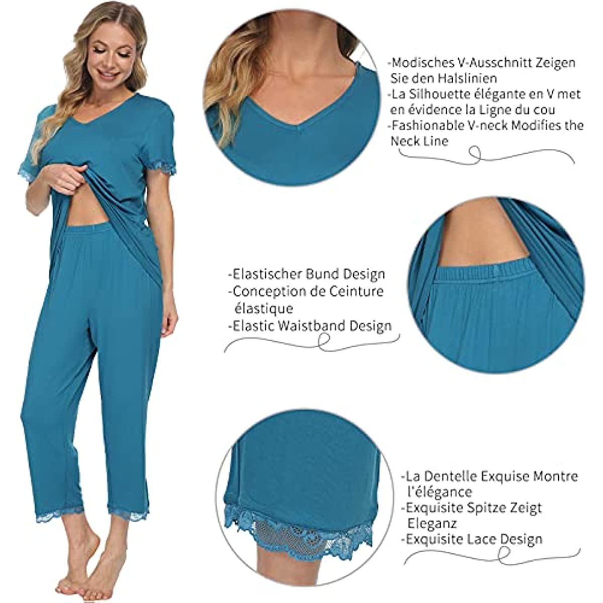 DE Mnemo Schlafanzug Damen Kurzarm Pyjama Capri mit V-Ausschnitt und Caprihose 2 Stück Weiche Nachtwäsche Loungewear mit Spitzendekoration