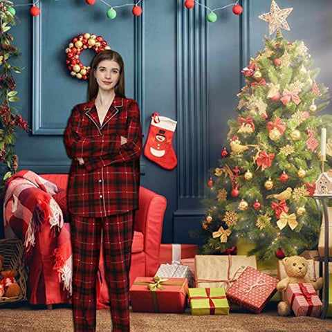 DE Mnemo Damen Pyjama Set Loungewear volle Länge Oberteil & Hose Nachtwäsche 100% Polyester Nachtwäsche Weihnachten Schlafanzug