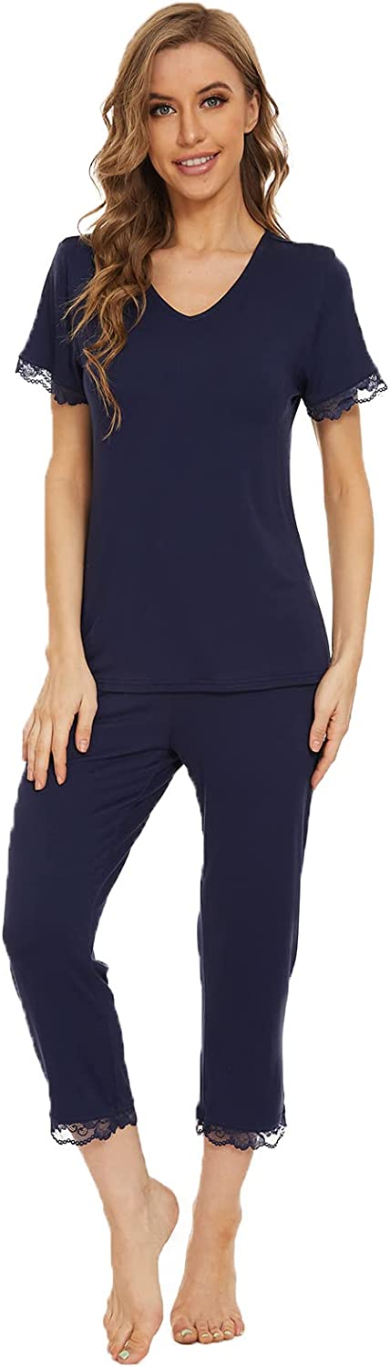 DE Mnemo Schlafanzug Damen Kurzarm Pyjama Capri mit V-Ausschnitt und Caprihose 2 Stück Weiche Nachtwäsche Loungewear mit Spitzendekoration