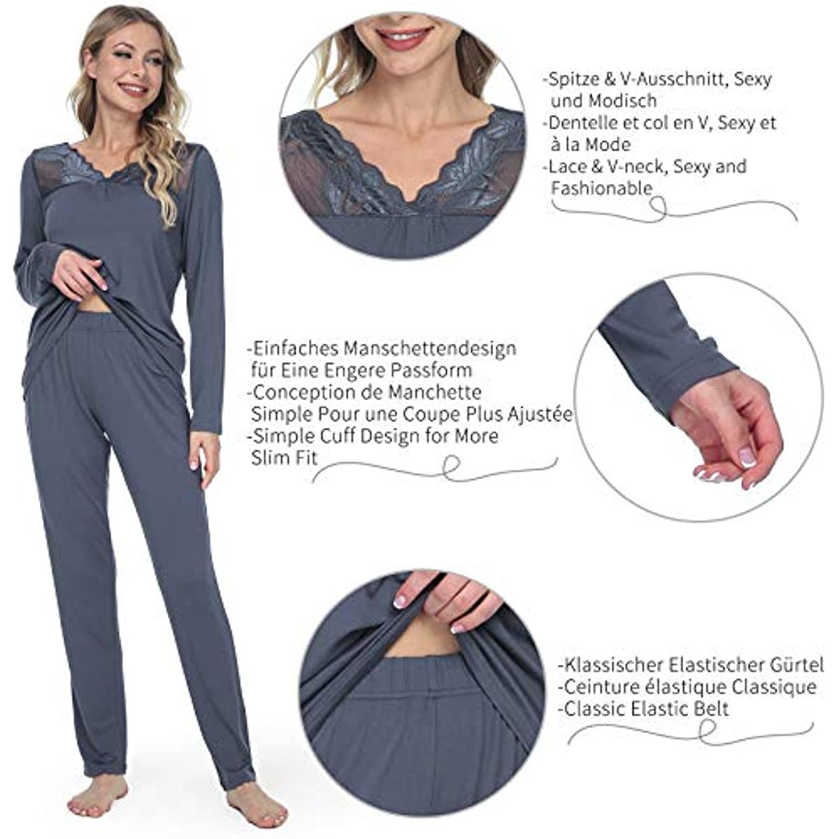 DE Mnemo Schlafanzug für Damen Weich Gestricktes Pyjama Set mit V-Ausschnitt und Exquisitem Gewelltem Saum 2 Stück Slim Fit Frauen Gemütliche Nachtwäsche