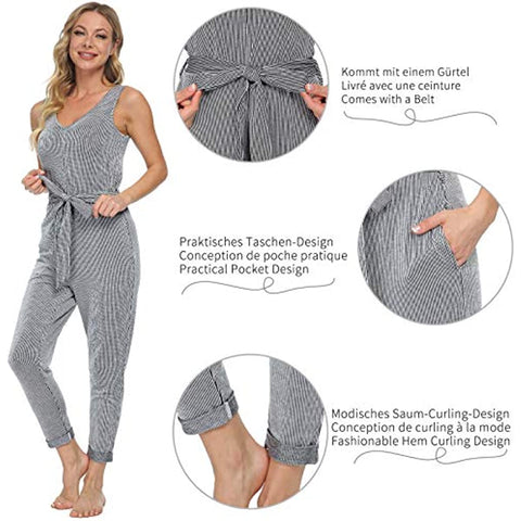 DE Mnemo Damen Jumpsuit Ärmelloser Strampler mit Rundem Hals Sommeranzug Elegante, Schlanke, Lockere Hose Lässiger Spielanzug mit Gürtel