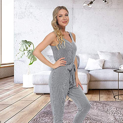 DE Mnemo Damen Jumpsuit Ärmelloser Strampler mit Rundem Hals Sommeranzug Elegante, Schlanke, Lockere Hose Lässiger Spielanzug mit Gürtel