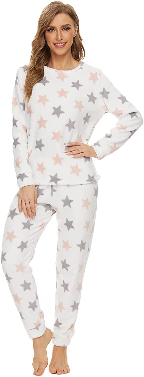 DE Mnemo Fleece Schlafanzug Damen Lang Frottee Schlafanzug Damen Winter Rundhals Pyjama Damen Flauschig