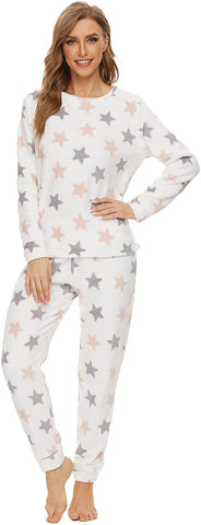 DE Mnemo Fleece Schlafanzug Damen Lang Frottee Schlafanzug Damen Winter Rundhals Pyjama Damen Flauschig