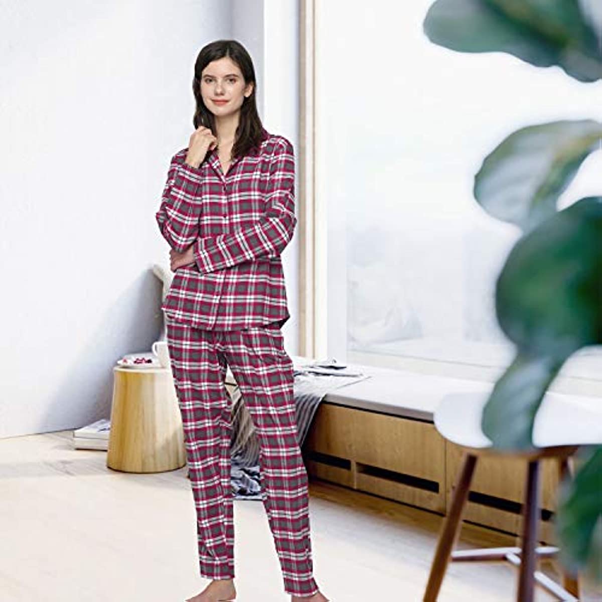Mnemo Home Women's Long Flannel Pyjamas 100% Cotton Flannel, Red