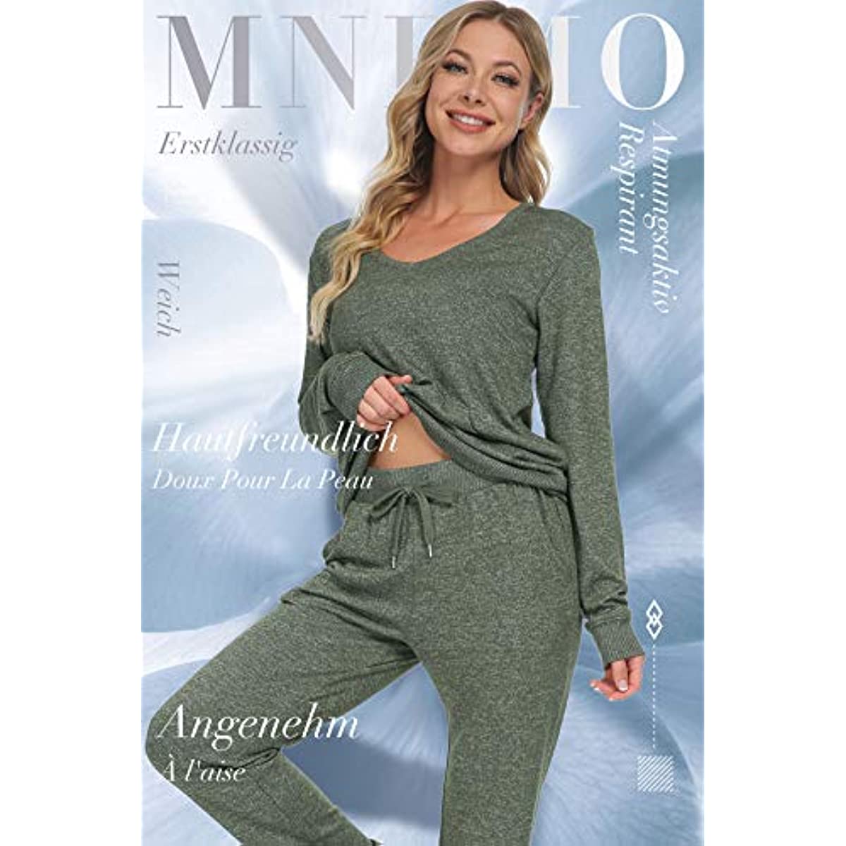 DE Mnemo Schlafanzug Damen Langarm Pyjama Damen Weich mit V-Ausschnitt Homewear Damen Set Lounge Wear Women Set