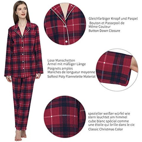 DE Mnemo Damen Pyjama Set Loungewear volle Länge Oberteil & Hose Nachtwäsche 100% Polyester Nachtwäsche Weihnachten Schlafanzug