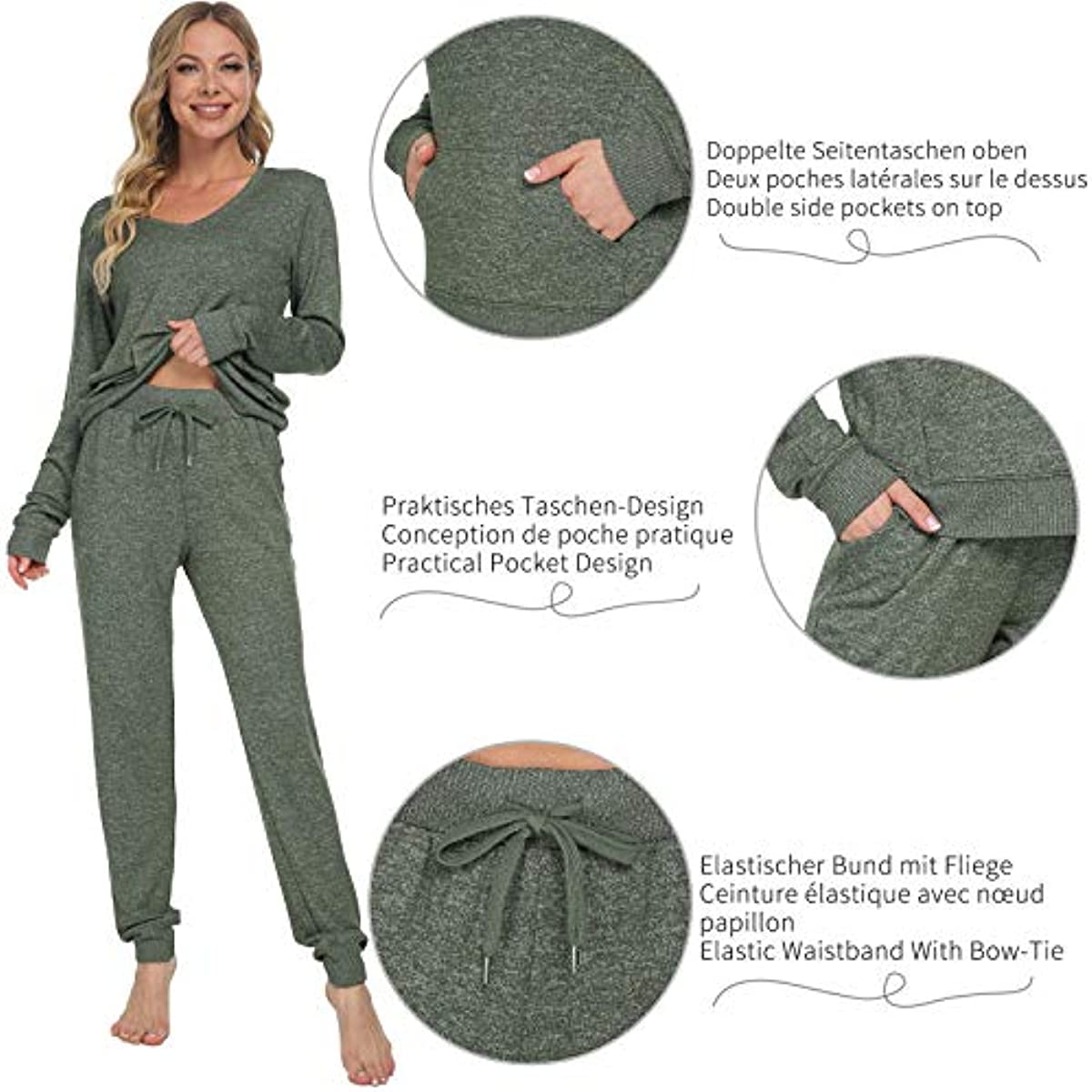 DE Mnemo Schlafanzug Damen Langarm Pyjama Damen Weich mit V-Ausschnitt Homewear Damen Set Lounge Wear Women Set