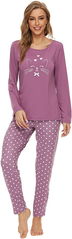 DE Mnemo Weiche Langarm-Pyjama-Set für Damen, niedliches Druck-Oberteil und Hose, Pyjama, Lounge, Nachtwäsche, Sets