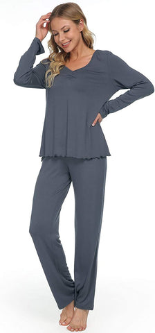 DE Mnemo Schlafanzug für Damen Weich Gestricktes Pyjama Set mit V-Ausschnitt und Exquisitem Gewelltem Saum 2 Stück Slim Fit Frauen Gemütliche Nachtwäsche