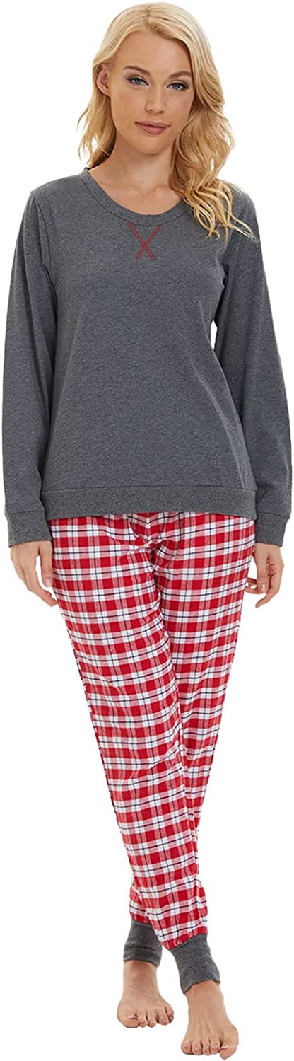 DE Mnemo Schlafanzug Damen 100% Baumwolle Bequemer Pyjama Damen Baumwolle mit Karomuster